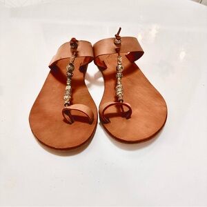 Ancient Greek Sandals Iris Gold Beaded Vachetta Toe Ring Flat Sandal Natural 7.5